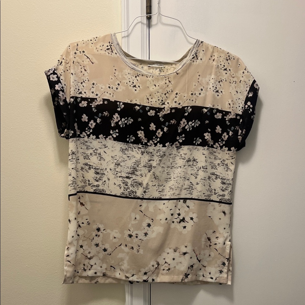 Zara Beige and Black Short Sleeve Floral Panel Top